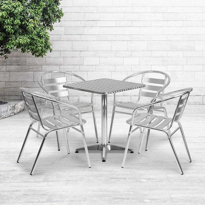 Flash Furniture 23.5'' Square Aluminum Indoor-Outdoor Table Set with 4 Slat Back Chairs - TLH-ALUM-24SQ-017BCHR4-GG