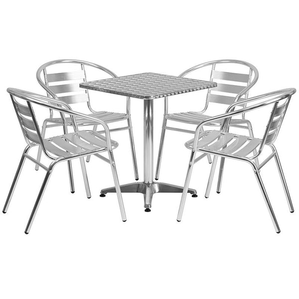 Flash Furniture 23.5'' Square Aluminum Indoor-Outdoor Table Set with 4 Slat Back Chairs - TLH-ALUM-24SQ-017BCHR4-GG