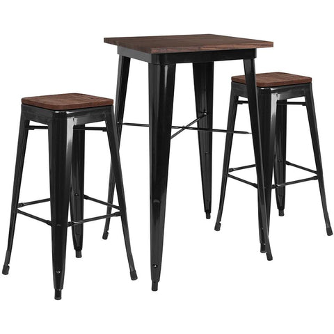 Flash Furniture 23.5" Square Black Metal Bar Table Set with Wood Top and 2 Backless Stools - CH-WD-TBCH-17-GG