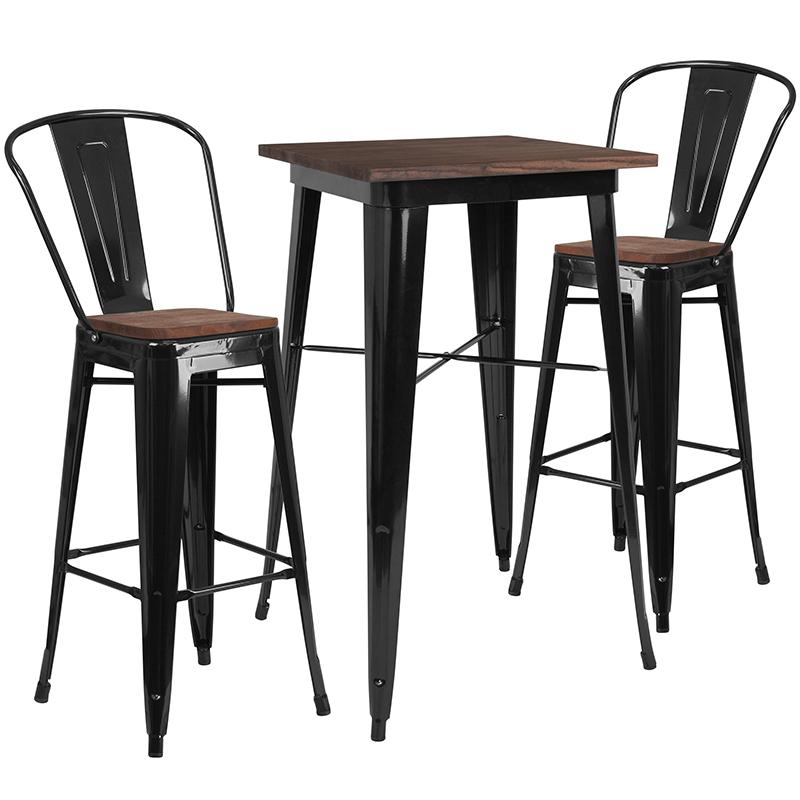 Flash Furniture 23.5" Square Black Metal Bar Table Set with Wood Top and 2 Stools - CH-WD-TBCH-16-GG