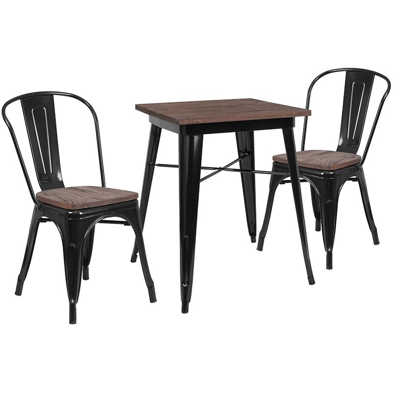Flash Furniture 23.5" Square Black Metal Table Set with Wood Top and 2 Stack Chairs - CH-WD-TBCH-15-GG