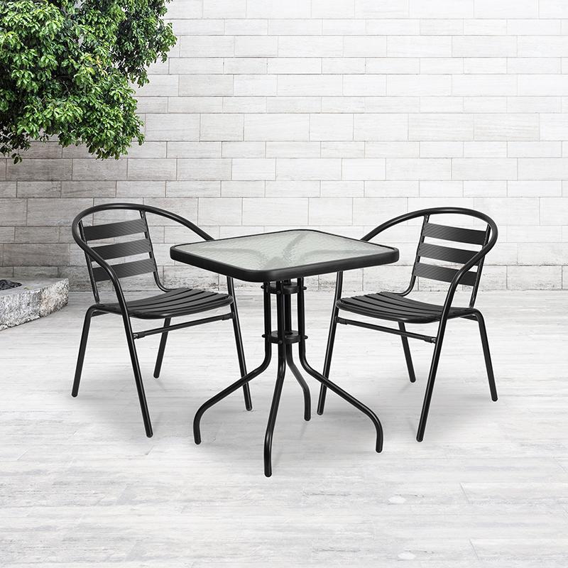 Flash Furniture 23.5'' Square Glass Metal Table with 2 Black Metal Aluminum Slat Stack Chairs - TLH-0731SQ-017CBK2-GG