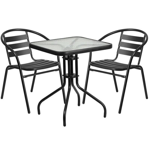 Flash Furniture 23.5'' Square Glass Metal Table with 2 Black Metal Aluminum Slat Stack Chairs - TLH-0731SQ-017CBK2-GG