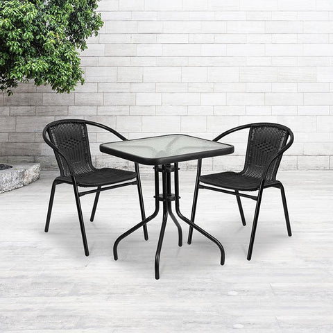 Flash Furniture 23.5'' Square Glass Metal Table with 2 Black Rattan Stack Chairs - TLH-0731SQ-037BK2-GG