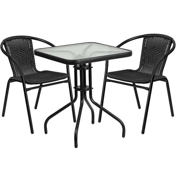 Flash Furniture 23.5'' Square Glass Metal Table with 2 Black Rattan Stack Chairs - TLH-0731SQ-037BK2-GG