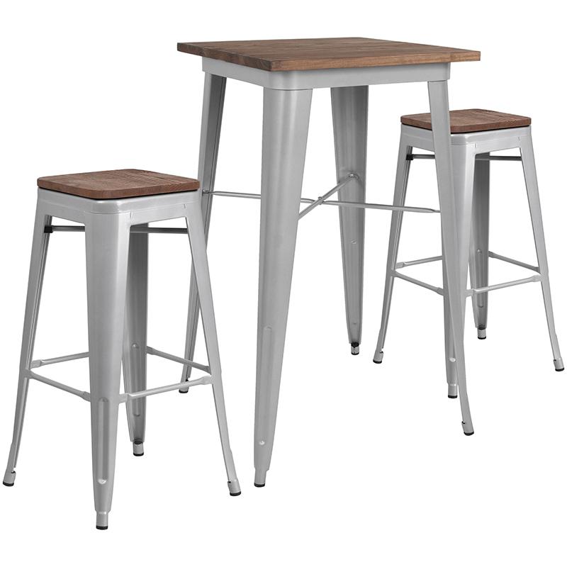 Flash Furniture 23.5" Square Silver Metal Bar Table Set with Wood Top and 2 Backless Stools - CH-WD-TBCH-3-GG