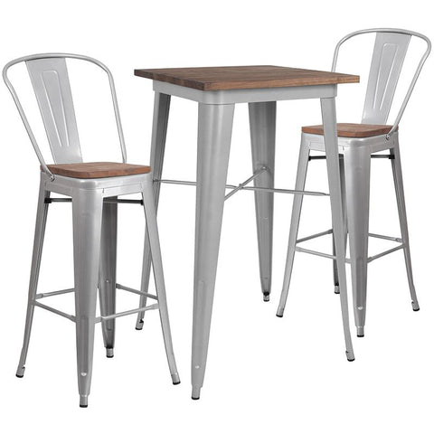 Flash Furniture 23.5" Square Silver Metal Bar Table Set with Wood Top and 2 Stools - CH-WD-TBCH-2-GG