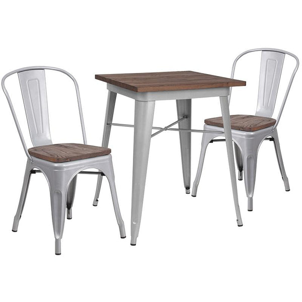 Flash Furniture 23.5" Square Silver Metal Table Set with Wood Top and 2 Stack Chairs - CH-WD-TBCH-1-GG