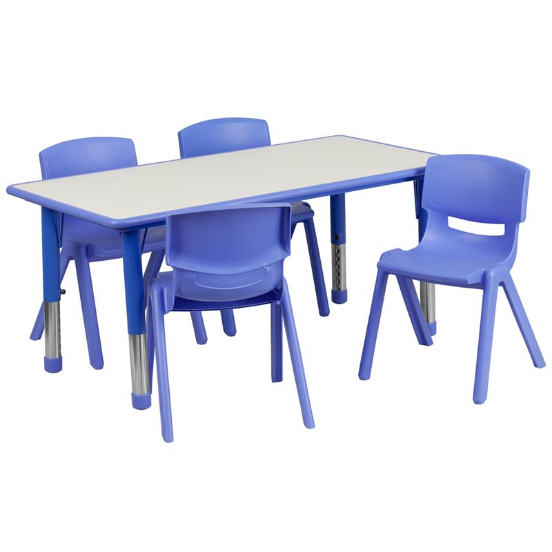 Flash Furniture 23.625''W x 47.25''L Rectangular Blue Plastic Height Adjustable Activity Table Set with 4 Chairs - YU-YCY-060-0034-RECT-TBL-BLUE-GG