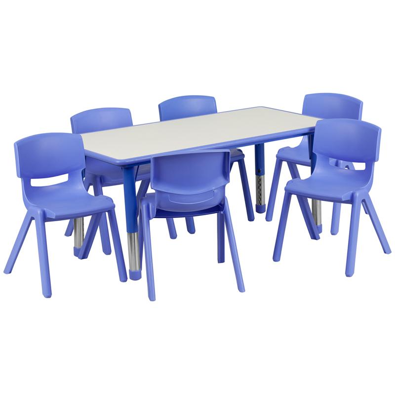 Flash Furniture 23.625''W x 47.25''L Rectangular Blue Plastic Height Adjustable Activity Table Set with 6 Chairs - YU-YCY-060-0036-RECT-TBL-BLUE-GG