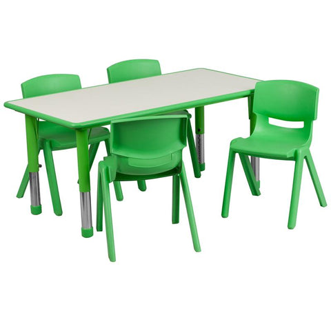 Flash Furniture 23.625''W x 47.25''L Rectangular Green Plastic Height Adjustable Activity Table Set with 4 Chairs - YU-YCY-060-0034-RECT-TBL-GREEN-GG