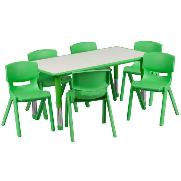 Flash Furniture 23.625''W x 47.25''L Rectangular Green Plastic Height Adjustable Activity Table Set with 6 Chairs - YU-YCY-060-0036-RECT-TBL-GREEN-GG