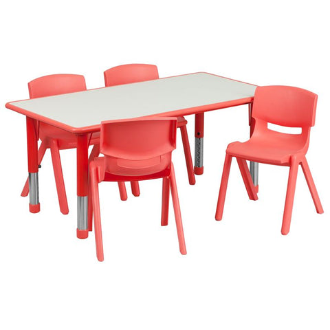 Flash Furniture 23.625''W x 47.25''L Rectangular Red Plastic Height Adjustable Activity Table Set with 4 Chairs - YU-YCY-060-0034-RECT-TBL-RED-GG