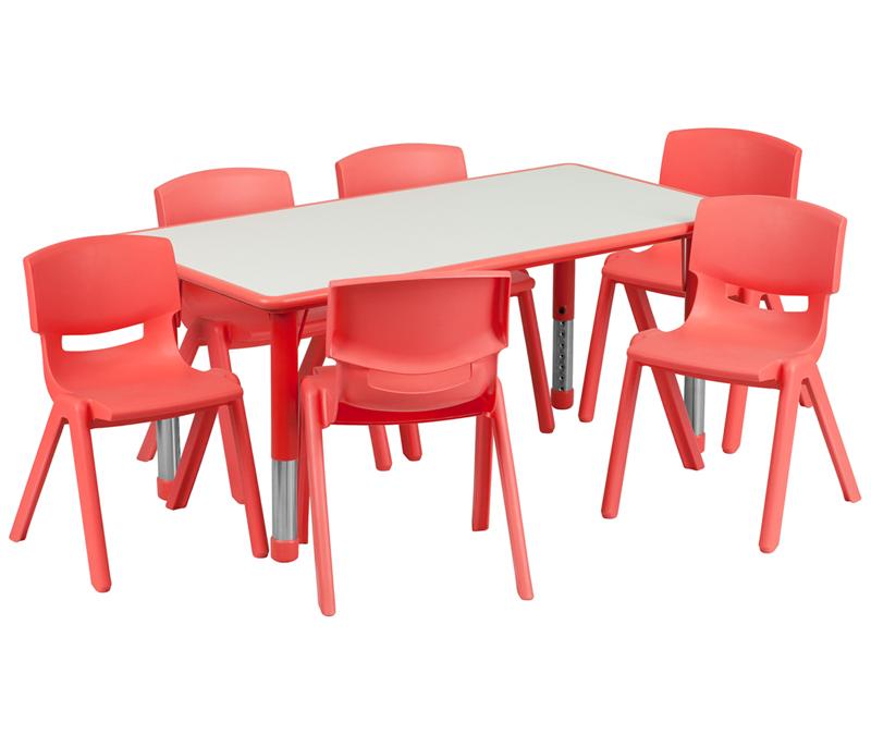 Flash Furniture 23.625''W x 47.25''L Rectangular Red Plastic Height Adjustable Activity Table Set with 6 Chairs - YU-YCY-060-0036-RECT-TBL-RED-GG