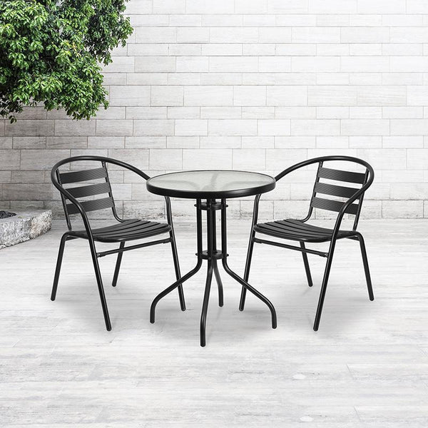 Flash Furniture 23.75'' Round Glass Metal Table with 2 Black Metal Aluminum Slat Stack Chairs - TLH-071RD-017CBK2-GG