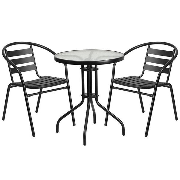 Flash Furniture 23.75'' Round Glass Metal Table with 2 Black Metal Aluminum Slat Stack Chairs - TLH-071RD-017CBK2-GG