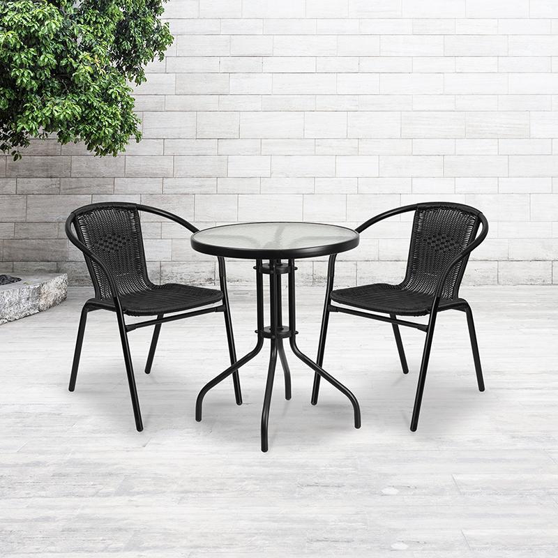 Flash Furniture 23.75'' Round Glass Metal Table with 2 Black Rattan Stack Chairs - TLH-071RD-037BK2-GG