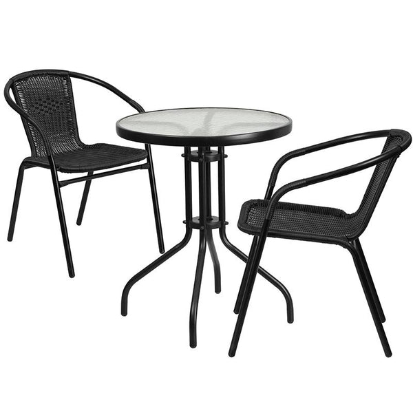 Flash Furniture 23.75'' Round Glass Metal Table with 2 Black Rattan Stack Chairs - TLH-071RD-037BK2-GG