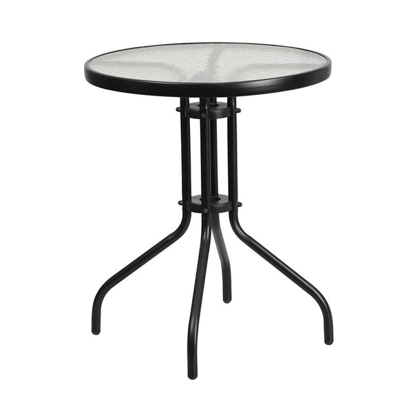 Flash Furniture 23.75'' Round Glass Metal Table with 2 Black Rattan Stack Chairs - TLH-071RD-037BK2-GG