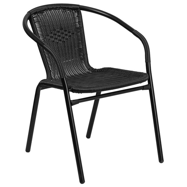 Flash Furniture 23.75'' Round Glass Metal Table with 2 Black Rattan Stack Chairs - TLH-071RD-037BK2-GG