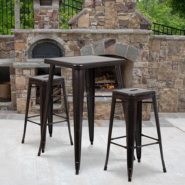 Flash Furniture 23.75'' Square Black-Antique Gold Metal Indoor-Outdoor Bar Table Set with 2 Square Seat Backless Stools - CH-31330B-2-30SQ-BQ-GG
