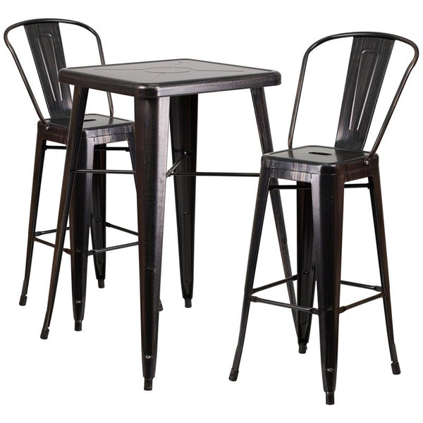 Flash Furniture 23.75'' Square Black-Antique Gold Metal Indoor-Outdoor Bar Table Set with 2 Stools with Backs - CH-31330B-2-30GB-BQ-GG