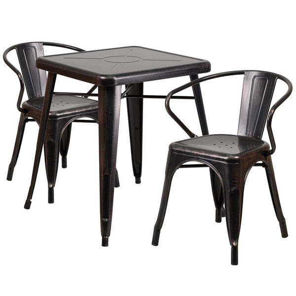Flash Furniture 23.75'' Square Black-Antique Gold Metal Indoor-Outdoor Table Set with 2 Arm Chairs - CH-31330-2-70-BQ-GG