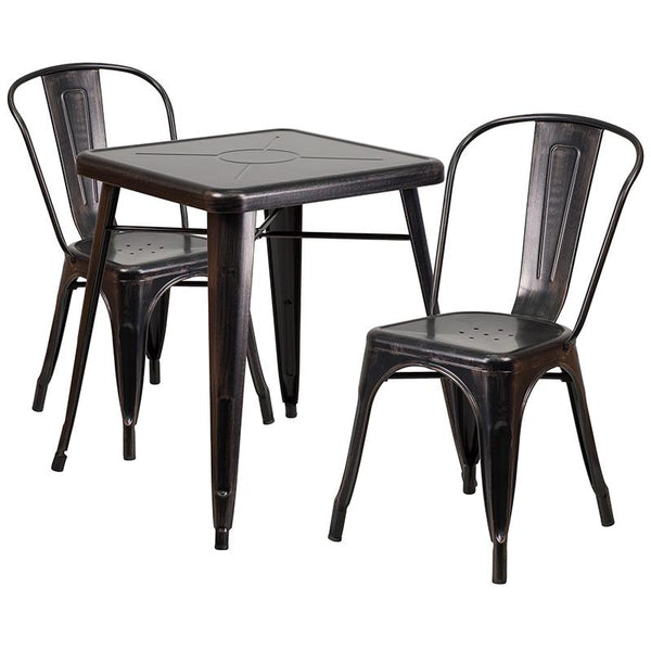 Flash Furniture 23.75'' Square Black-Antique Gold Metal Indoor-Outdoor Table Set with 2 Stack Chairs - CH-31330-2-30-BQ-GG