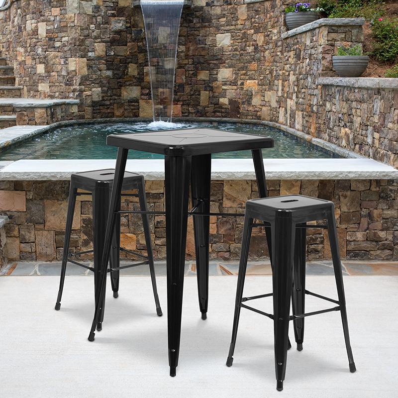 Flash Furniture 23.75'' Square Black Metal Indoor-Outdoor Bar Table Set with 2 Square Seat Backless Stools - CH-31330B-2-30SQ-BK-GG