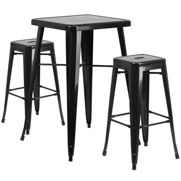 Flash Furniture 23.75'' Square Black Metal Indoor-Outdoor Bar Table Set with 2 Square Seat Backless Stools - CH-31330B-2-30SQ-BK-GG