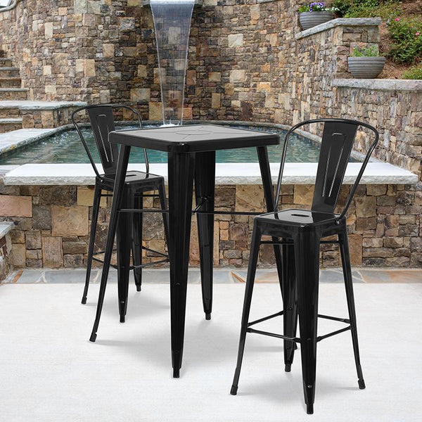 Flash Furniture 23.75'' Square Black Metal Indoor-Outdoor Bar Table Set with 2 Stools with Backs - CH-31330B-2-30GB-BK-GG