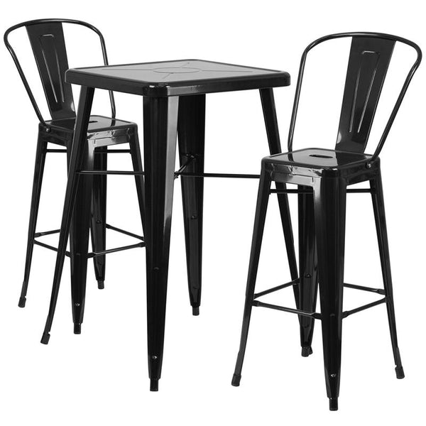 Flash Furniture 23.75'' Square Black Metal Indoor-Outdoor Bar Table Set with 2 Stools with Backs - CH-31330B-2-30GB-BK-GG