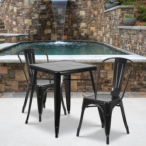 Flash Furniture 23.75'' Square Black Metal Indoor-Outdoor Table Set with 2 Stack Chairs - CH-31330-2-30-BK-GG