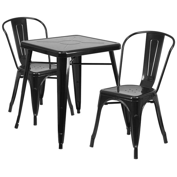 Flash Furniture 23.75'' Square Black Metal Indoor-Outdoor Table Set with 2 Stack Chairs - CH-31330-2-30-BK-GG