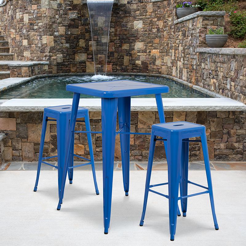 Flash Furniture 23.75'' Square Blue Metal Indoor-Outdoor Bar Table Set with 2 Square Seat Backless Stools - CH-31330B-2-30SQ-BL-GG