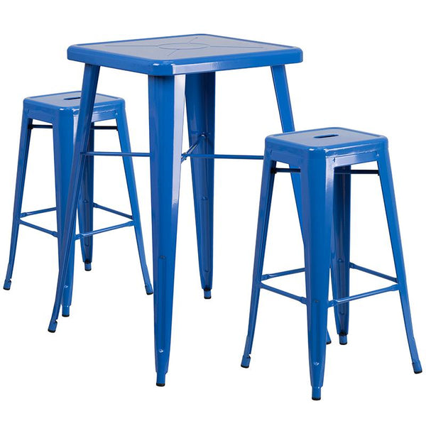 Flash Furniture 23.75'' Square Blue Metal Indoor-Outdoor Bar Table Set with 2 Square Seat Backless Stools - CH-31330B-2-30SQ-BL-GG