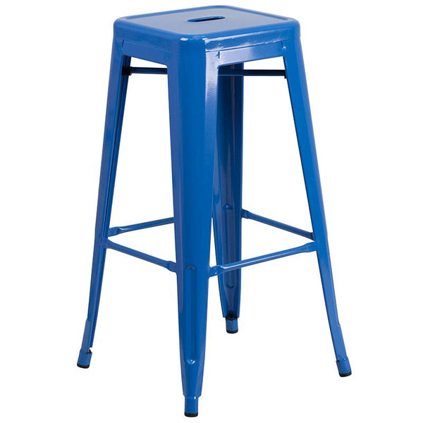 Flash Furniture 23.75'' Square Blue Metal Indoor-Outdoor Bar Table Set with 2 Square Seat Backless Stools - CH-31330B-2-30SQ-BL-GG