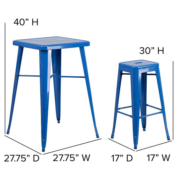 Flash Furniture 23.75'' Square Blue Metal Indoor-Outdoor Bar Table Set with 2 Square Seat Backless Stools - CH-31330B-2-30SQ-BL-GG