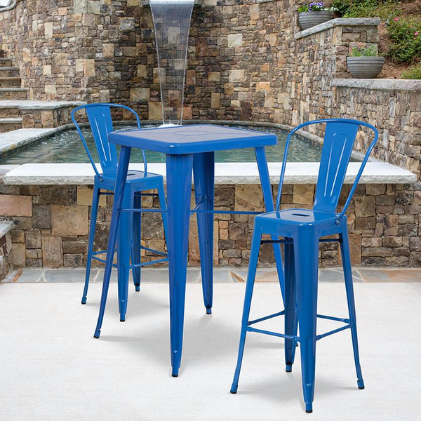 Flash Furniture 23.75'' Square Blue Metal Indoor-Outdoor Bar Table Set with 2 Stools with Backs - CH-31330B-2-30GB-BL-GG