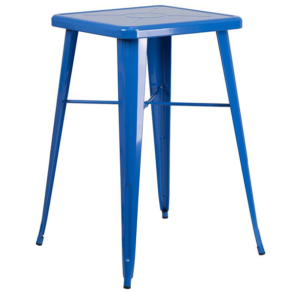 Flash Furniture 23.75'' Square Blue Metal Indoor-Outdoor Bar Table Set with 2 Stools with Backs - CH-31330B-2-30GB-BL-GG