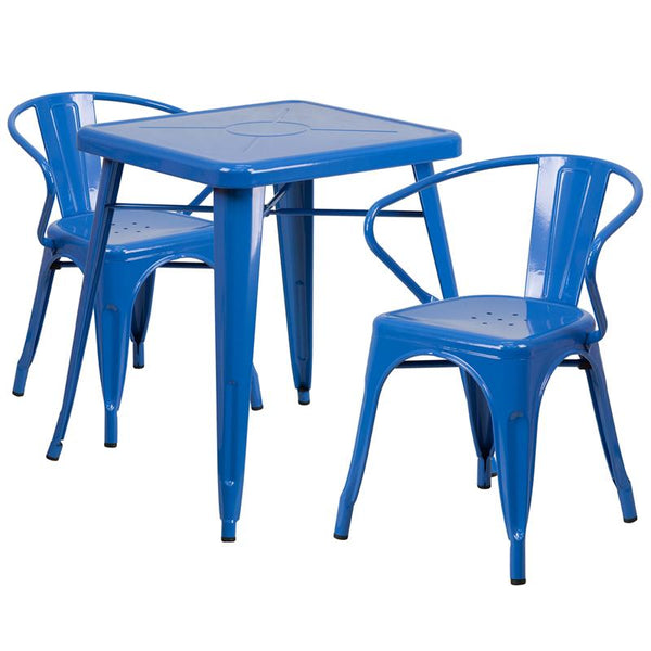 Flash Furniture 23.75'' Square Blue Metal Indoor-Outdoor Table Set with 2 Arm Chairs - CH-31330-2-70-BL-GG