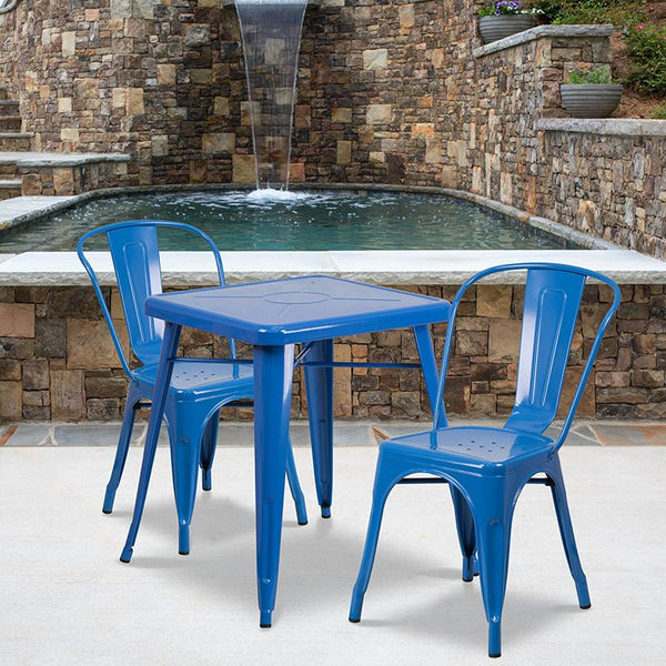 Flash Furniture 23.75'' Square Blue Metal Indoor-Outdoor Table Set with 2 Stack Chairs - CH-31330-2-30-BL-GG