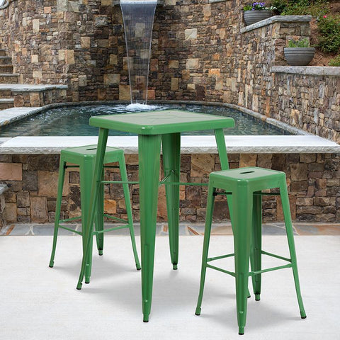 Flash Furniture 23.75'' Square Green Metal Indoor-Outdoor Bar Table Set with 2 Square Seat Backless Stools - CH-31330B-2-30SQ-GN-GG