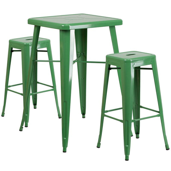 Flash Furniture 23.75'' Square Green Metal Indoor-Outdoor Bar Table Set with 2 Square Seat Backless Stools - CH-31330B-2-30SQ-GN-GG