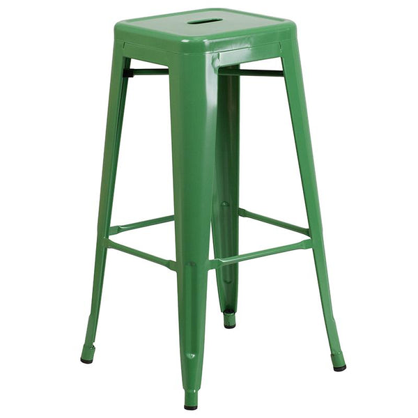 Flash Furniture 23.75'' Square Green Metal Indoor-Outdoor Bar Table Set with 2 Square Seat Backless Stools - CH-31330B-2-30SQ-GN-GG