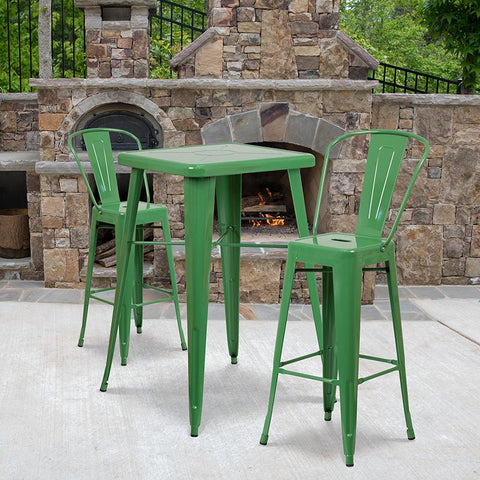 Flash Furniture 23.75'' Square Green Metal Indoor-Outdoor Bar Table Set with 2 Stools with Backs - CH-31330B-2-30GB-GN-GG