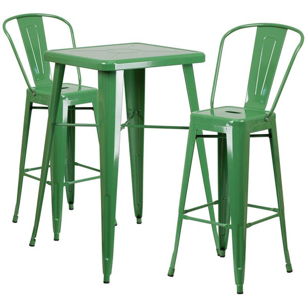 Flash Furniture 23.75'' Square Green Metal Indoor-Outdoor Bar Table Set with 2 Stools with Backs - CH-31330B-2-30GB-GN-GG
