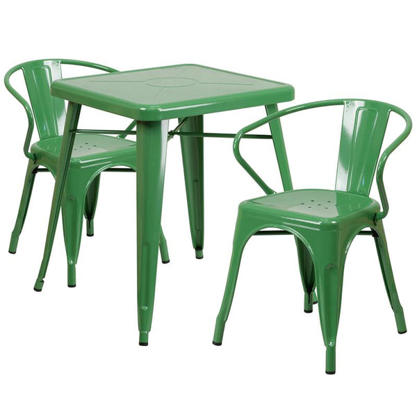 Flash Furniture 23.75'' Square Green Metal Indoor-Outdoor Table Set with 2 Arm Chairs - CH-31330-2-70-GN-GG