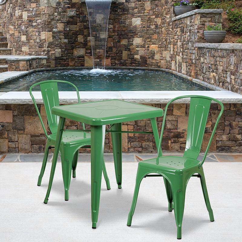 Flash Furniture 23.75'' Square Green Metal Indoor-Outdoor Table Set with 2 Stack Chairs - CH-31330-2-30-GN-GG