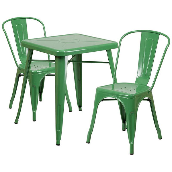 Flash Furniture 23.75'' Square Green Metal Indoor-Outdoor Table Set with 2 Stack Chairs - CH-31330-2-30-GN-GG